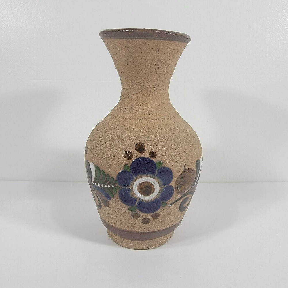 Vintage Mexican Tonala Sandstone Stoneware Pottery Hand Painted 7" Vase Signed
